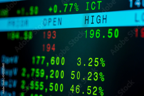 Stock exchange market business concept with selective focus effect. Display of Stock market quotes. Red and green numbers on the electronic board. © Koonsiri