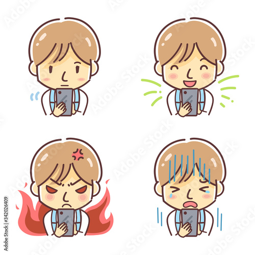 スマホを見るエプロンの男性のイラスト（喜怒哀楽・いろいろな表情）
