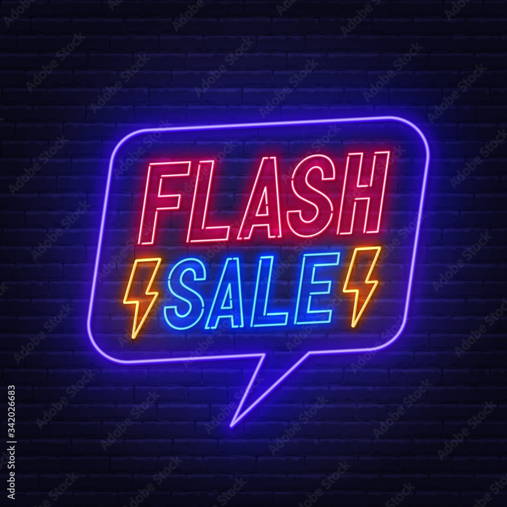 Flash sale neon sign on brick wall background .