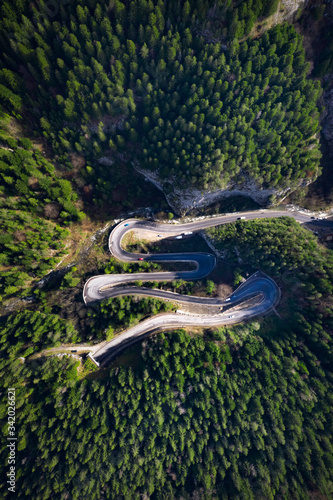 Drone view of winding forest road in the middle of Bicaz Gorge, Transylvania 