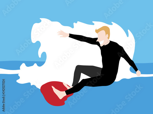 Young blonde smiling man surfing a wave wearing a neoprene suit. Flat style vector illustration.