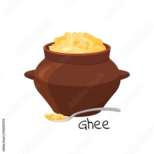 Clarified ghee butter jar. Food ingredient for cooking. Vector photo