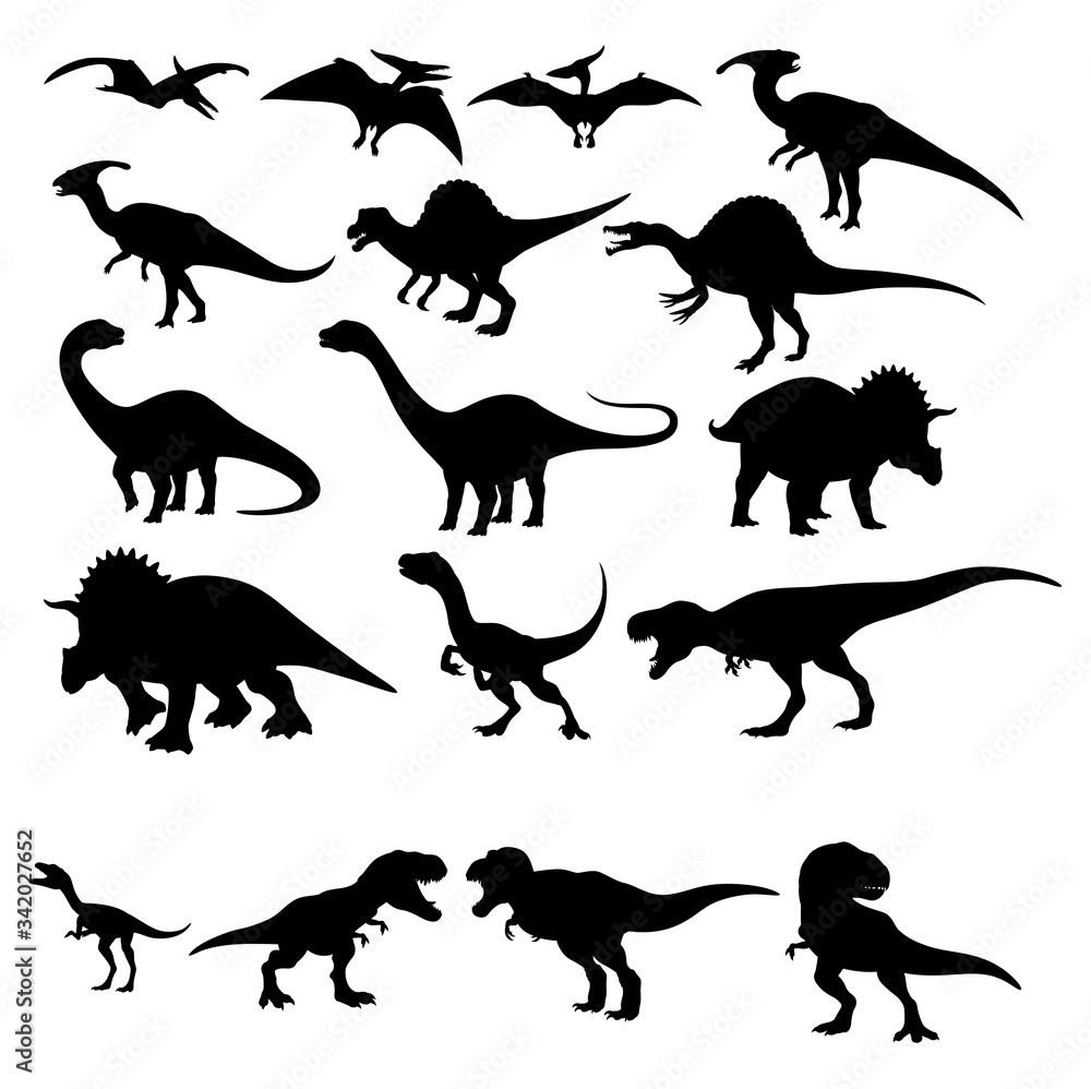 Fototapeta premium Set collection bundle of black silhouette of dinosaurs Cartoon