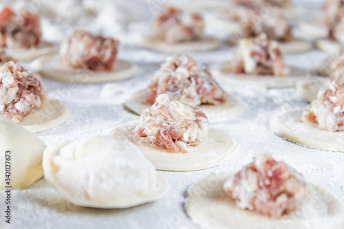 The process of making homemade dumplings. Minced meat on the dough, the process of making homemade dumplings.