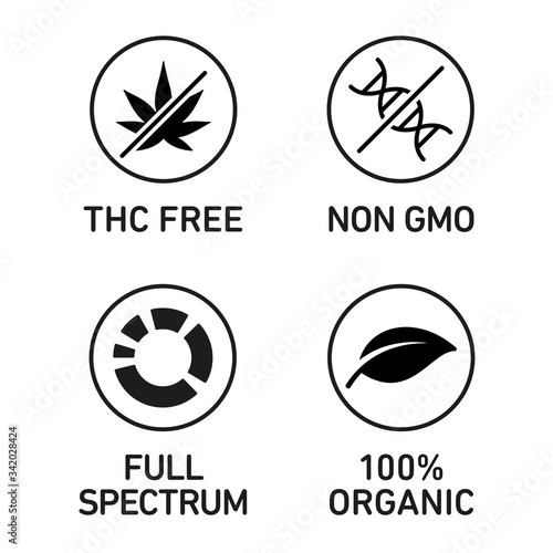 CBD oil icons set including THC free, 100% organic, non GMO, full spectrum