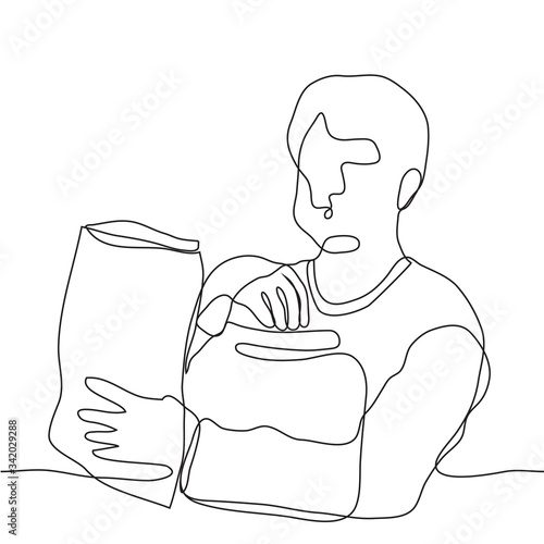 man chews and holds a huge can with snacks and a giant pack of chips in his hands. One continuous line art of a person eating. The concept of overeating, obesity, eating disorders, unhealthy eating