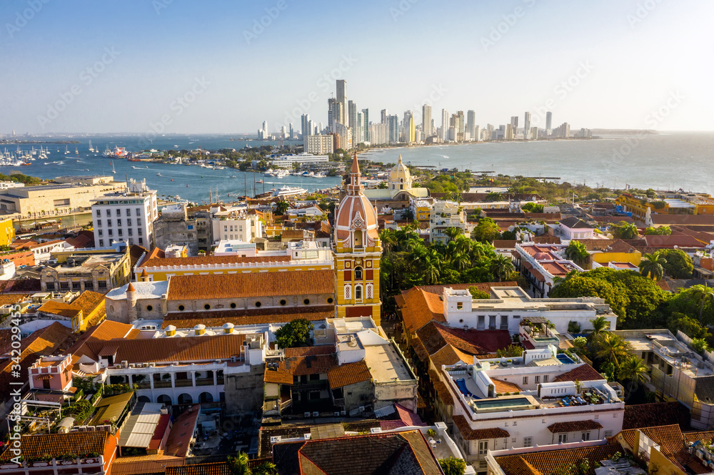 Aerial view of the historic city center of Cartagena, Colombia. Panorama of the old and new parts of the city in Cartagena