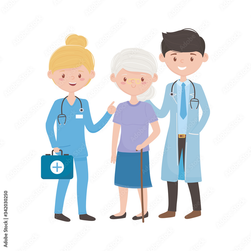 Doctors with old woman and kit vector design Doctors with old woman and kit vector design