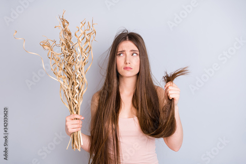 Bild auf Leinwand Photo of attractive displeased lady hold dry low hydration balance hairdo ends l