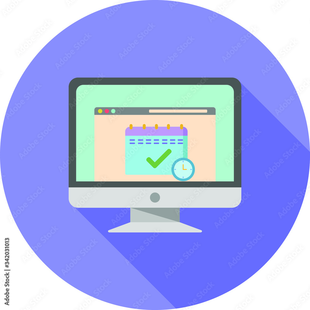 monitor with calendar and clock flat icon purple on background, vector symbol monitor with calendar and clock flat icon purple on background, vector symbol