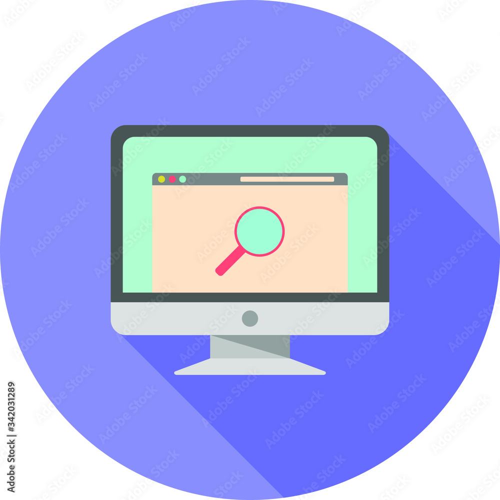monitor with magnifier flat icon on purple background, vector symbol monitor with magnifier flat icon on purple background, vector symbol