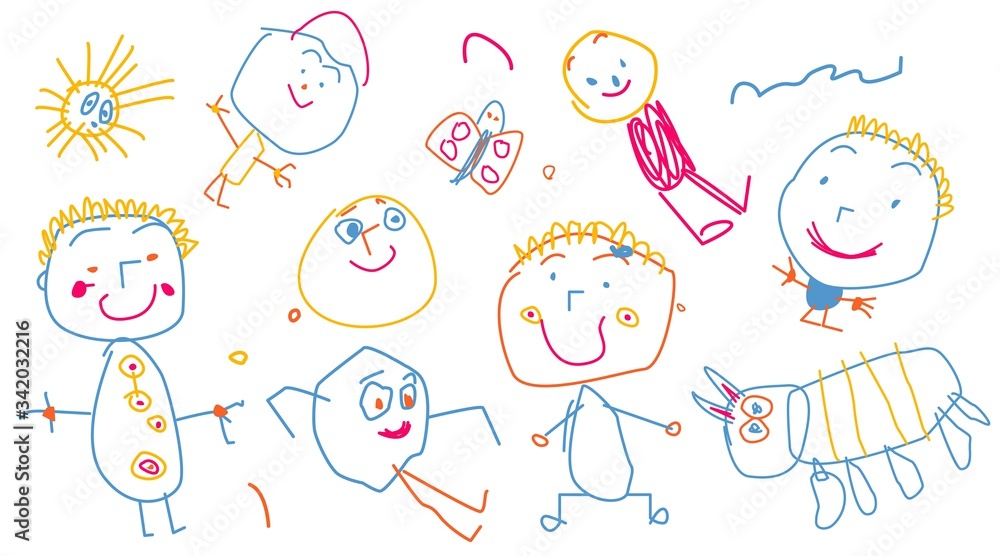 Collection set of doodle isolated on white background. Childish drawings of people, cat, sun, butterfly. Children's art. Colorful outline paintings. Funny design for print. Stock vector illustration. Collection set of doodle isolated on white background. Childish drawings of people, cat, sun, butterfly. Children's art. Colorful outline paintings. Funny design for print. Stock vector illustration.