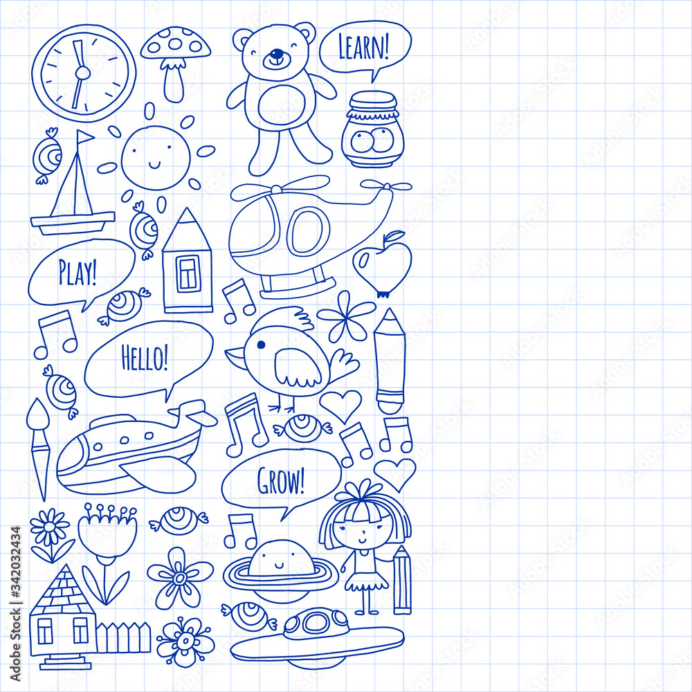 Online education for toddlers. Lessons for children in internet. Vector pattern for kindergarten banners, posters with moon, planet, spaceship, rocket, sun, fruits, house, flowers. Online education for toddlers. Lessons for children in internet. Vector pattern for kindergarten banners, posters with moon, planet, spaceship, rocket, sun, fruits, house, flowers.