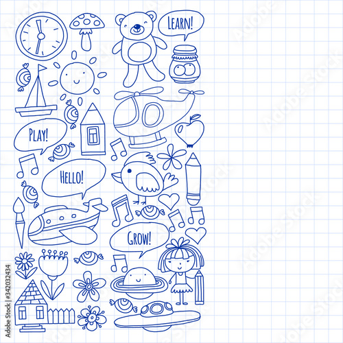 Online education for toddlers. Lessons for children in internet. Vector pattern for kindergarten banners, posters with moon, planet, spaceship, rocket, sun, fruits, house, flowers.