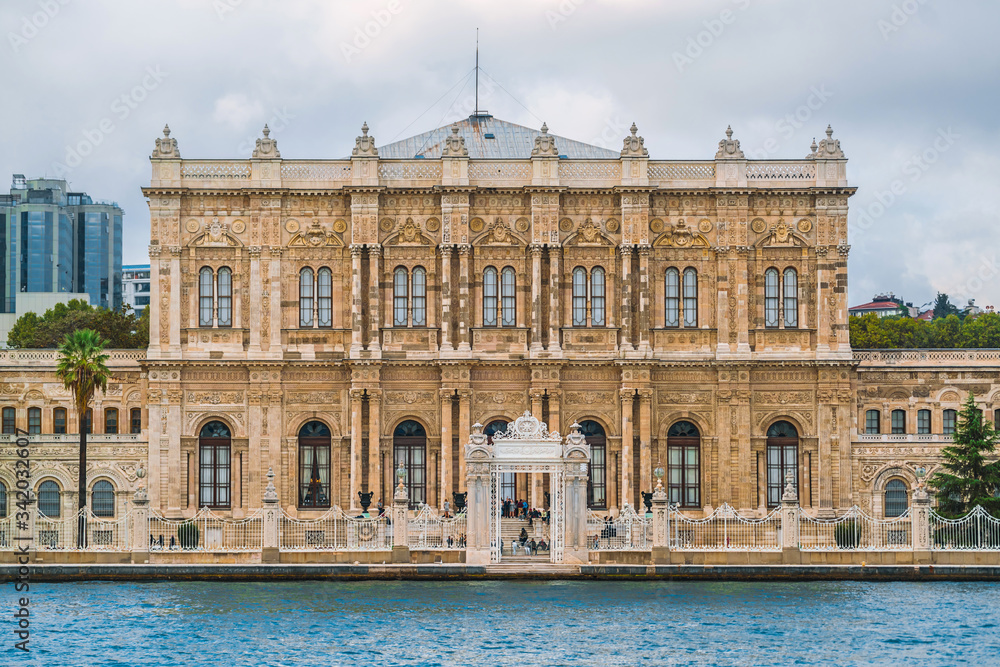 Dolmabahce Palace in Istanbul. A tourist destination Istanbul Turkey. View of the Palace from the sea from the Bosphorus Strait