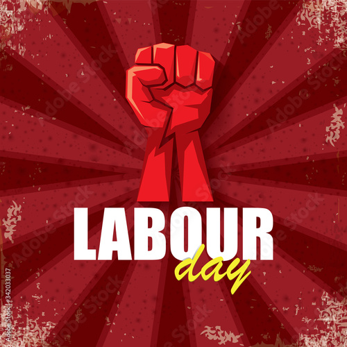 1 may Happy labour day vector label with strong protest fist in the air on bintage red background with rays. vector happy labor day background or banner with man hand. workers may day poster