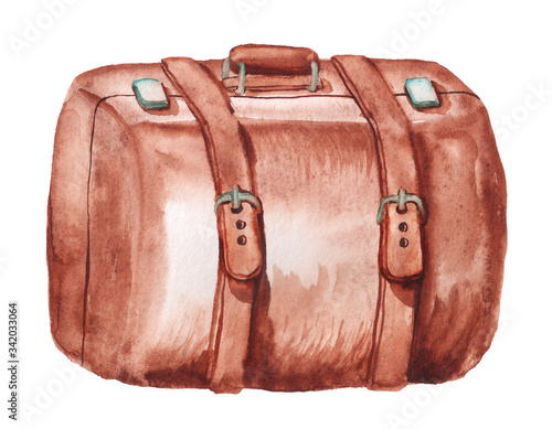 Watercolor image of old brown leather suitcase