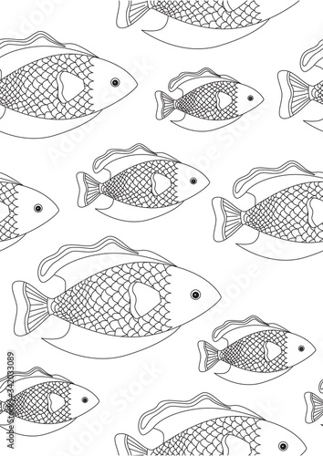 Seamless pattern or coloring page with gold fishes and on a white background for printing in anti stress coloring book, outline vector stock illustration with fish with scales for adults