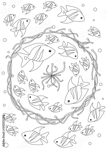 Coloring page with fish and corals on a white background for printing in anti stress coloring book, outline vector stock illustration artwork with a fish in A4 format