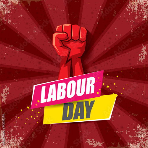 1 may Happy labour day vector label with strong protest fist in the air on bintage red background with rays. vector happy labor day background or banner with man hand. workers may day poster