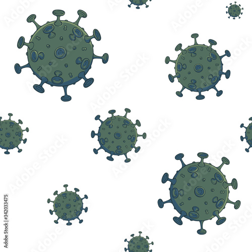 SARS-CoV-2 virion schematic representation. Seamless pattern with irregular and asymmetric elements distribution. White background. EPS10 vector illustration