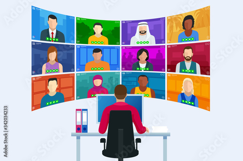 Video conference. Online meeting work form home. Home office. Multiethnic business team. Stay at home and work from home concept during Coronavirus pandemic