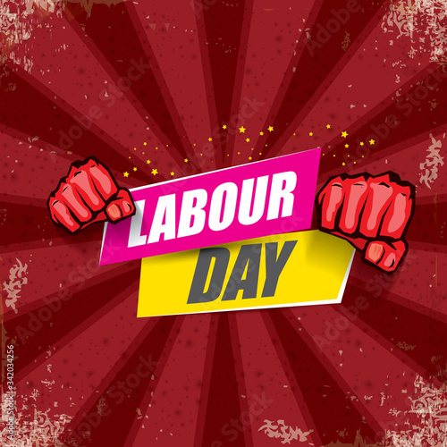 1 may Happy labour day vector label with strong protest fist in the air on bintage red background with rays. vector happy labor day background or banner with man hand. workers may day poster