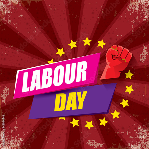 1 may Happy labour day vector label with strong protest fist in the air on bintage red background with rays. vector happy labor day background or banner with man hand. workers may day poster