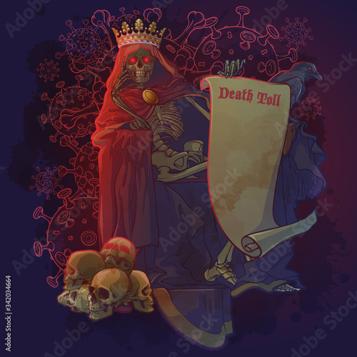 Allegoric painting of the first rider of Apocalyps - The Pestilence. Human skeleton wrapped in cloak with hood and a crown sitting on a throne stomping Human skulls. Pergament scroll with a sign.