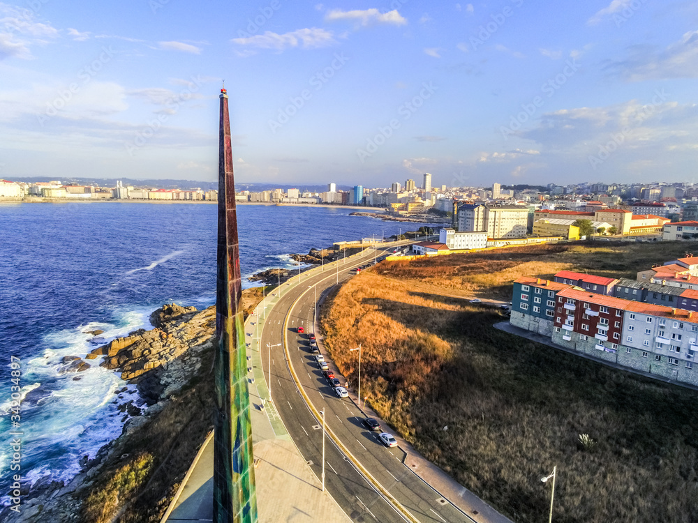 Obraz premium Millenium Obelisk in La Coruna. Aerial View in the beautiful city of Galicia,Spain. Drone Shoot