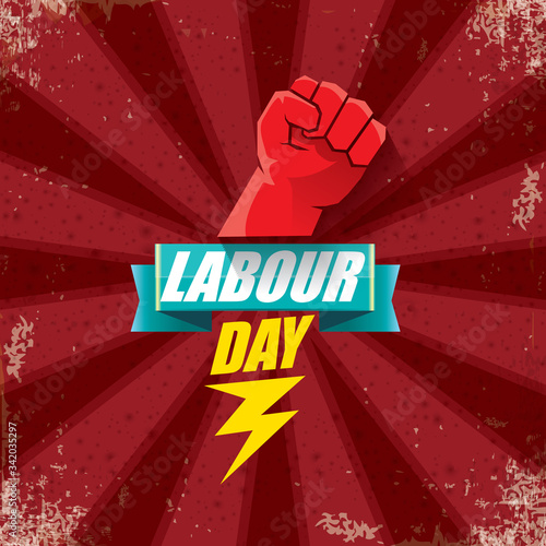 1 may Happy labour day vector label with strong protest fist in the air on bintage red background with rays. vector happy labor day background or banner with man hand. workers may day poster