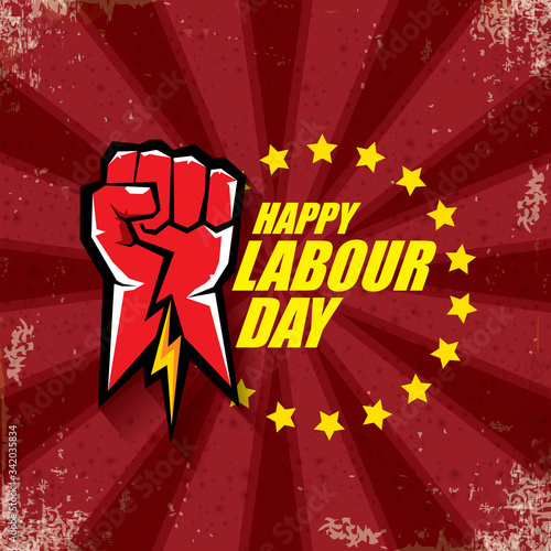 1 may Happy labour day vector label with strong protest fist in the air on bintage red background with rays. vector happy labor day background or banner with man hand. workers may day poster