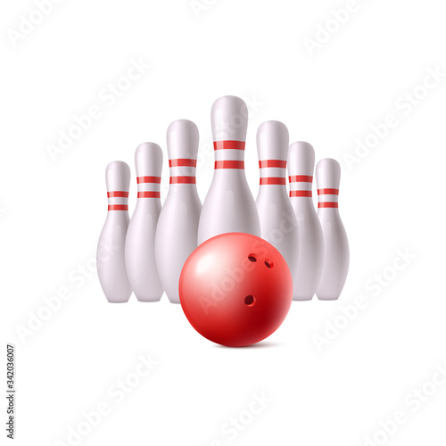 Realistic red bowling ball and white pins isolated on white background