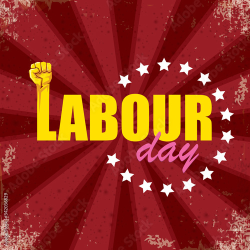 1 may Happy labour day vector label with strong protest fist in the air on bintage red background with rays. vector happy labor day background or banner with man hand. workers may day poster