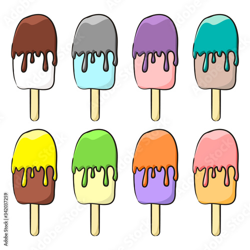 Set of hand drawn popsicle isolated on white background. Multi-colored ice cream of different tastes in doodle style. Vector illustration for decoration of menus, cafes, restaurants and pastry shops. © JuliPaper