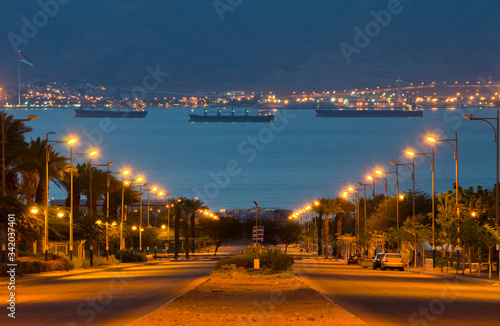 Night view of the city street and harbor of the Red Sea