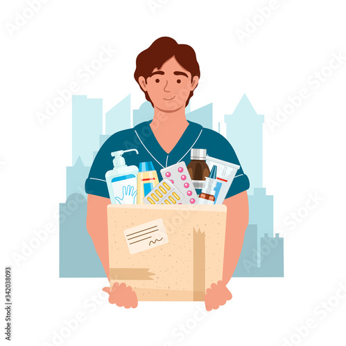 Medicine courier with medical purchases on the city background. Male courier character with drugs during the prevention of virus. Delivery and service concept. Vector illustration in flat style.