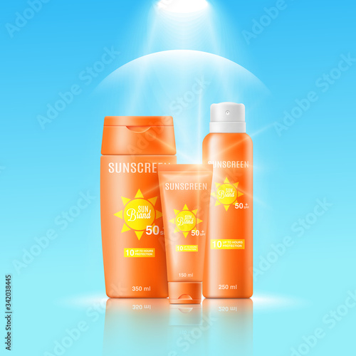 Banner template for sun protective cosmetic realistic vector illustration.
