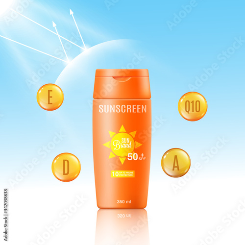Sunscreen bottle mockup ad - cosmetic sun protection product template