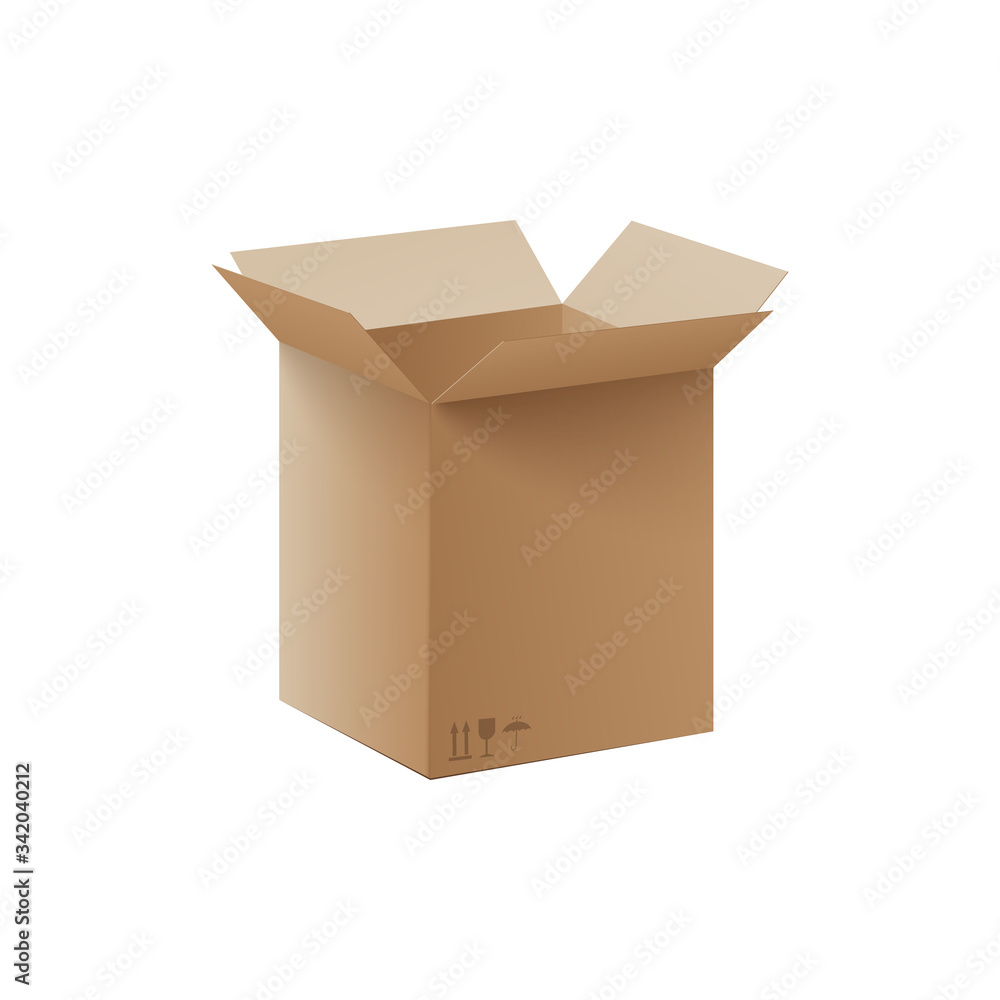 Big open carbdoard box isolated on white background - realistic mockup