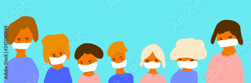 Group of people wearing medical masks for virus protection. Man and Woman in medical face protection mask. flu mask icon man and woman wearing face mask for virus protection. Vector illustration