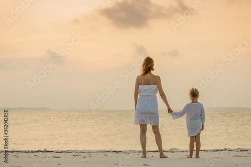 Back view of young mother and her adorable cute little girl holding hands and looking at beautiful ocean sunset. Happy family concept.