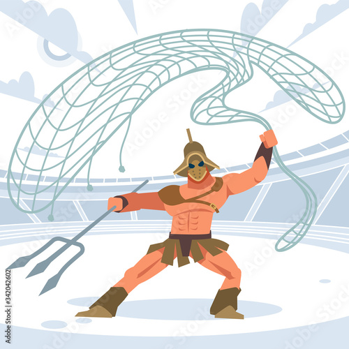Gladiator warrior retiarius in the arena with a grid and a Trident. Front view. Vector isolated illustration. Flat cartoon style photo