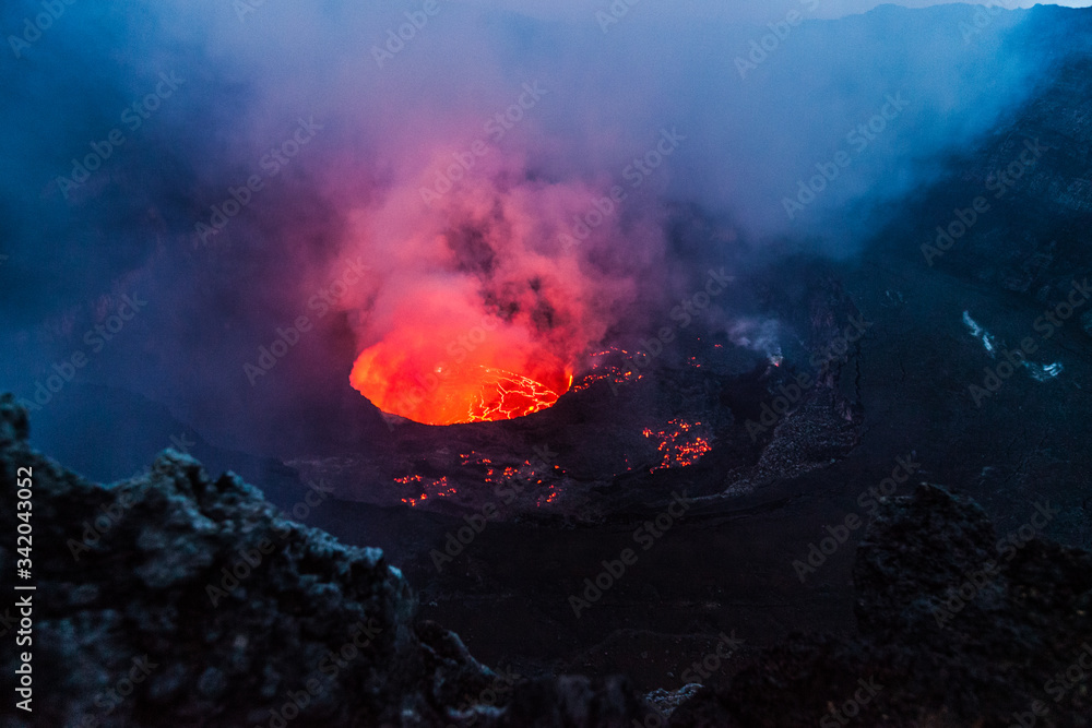 Crater of Nyiragongo volcano during the dusk time