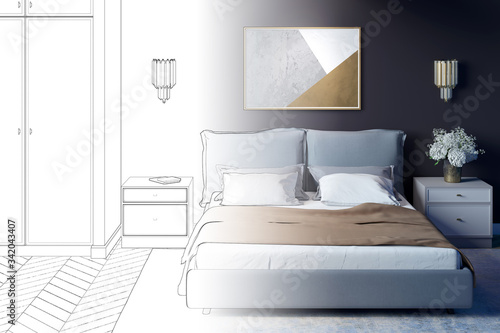 The sketch becomes a real interior of the cozy bedroom with a horizontal poster on a dark wall. A bed with a beige blanket between two nightstands  next to a wardrobe. Front view. 3d render