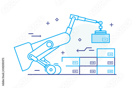 loader transports goods, package, boxes. Warehouse storage logistics. Line icon illustration