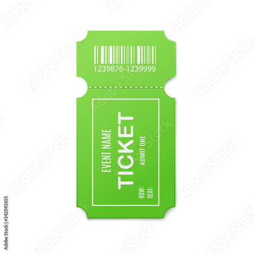 Mockup of green admit event ticket, 3d realistic vector illustration isolated.