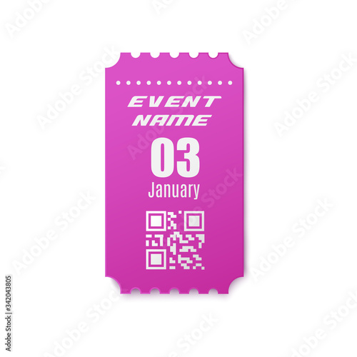 Realistic event ticket mockup - purple coupon with name, date template