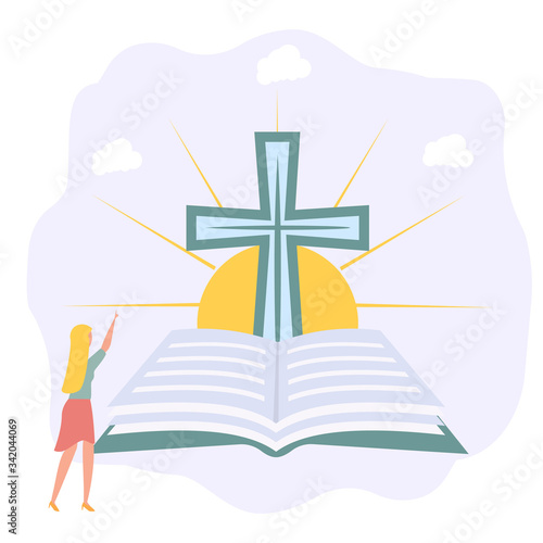 God's hands protect the planet. God gives people hope. The Bible, the word of God. Christianity. The growing number of believers. Jesus Christ. Holy places. Bible study concept. Colorful vector