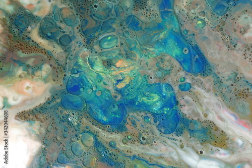 Abstract liquid ink marble color waves and bubbles